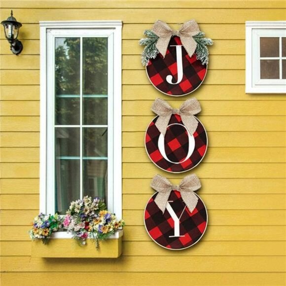 Joy Sign - Buffalo Check Plaid Wreath for Front Door - Wooden Holiday Decoration - Picture 5 of 6
